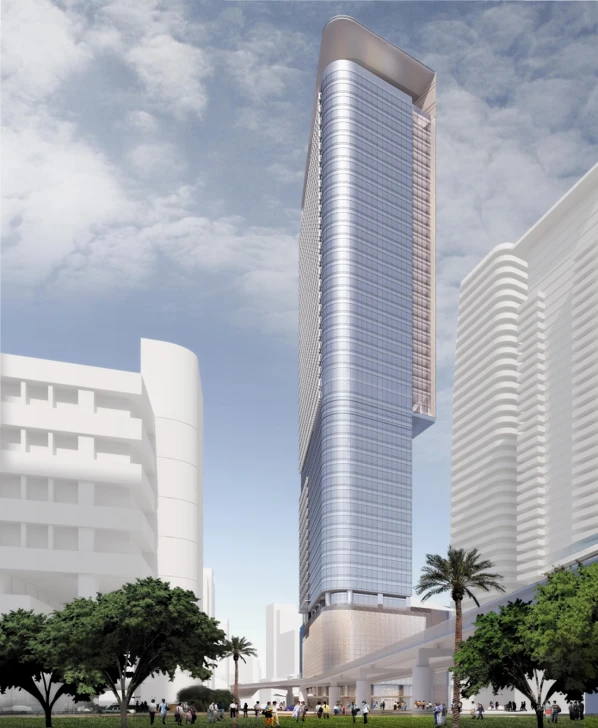 Rendering of 830 Brickell, a tall glass office tower with a curved crown, seen from street level