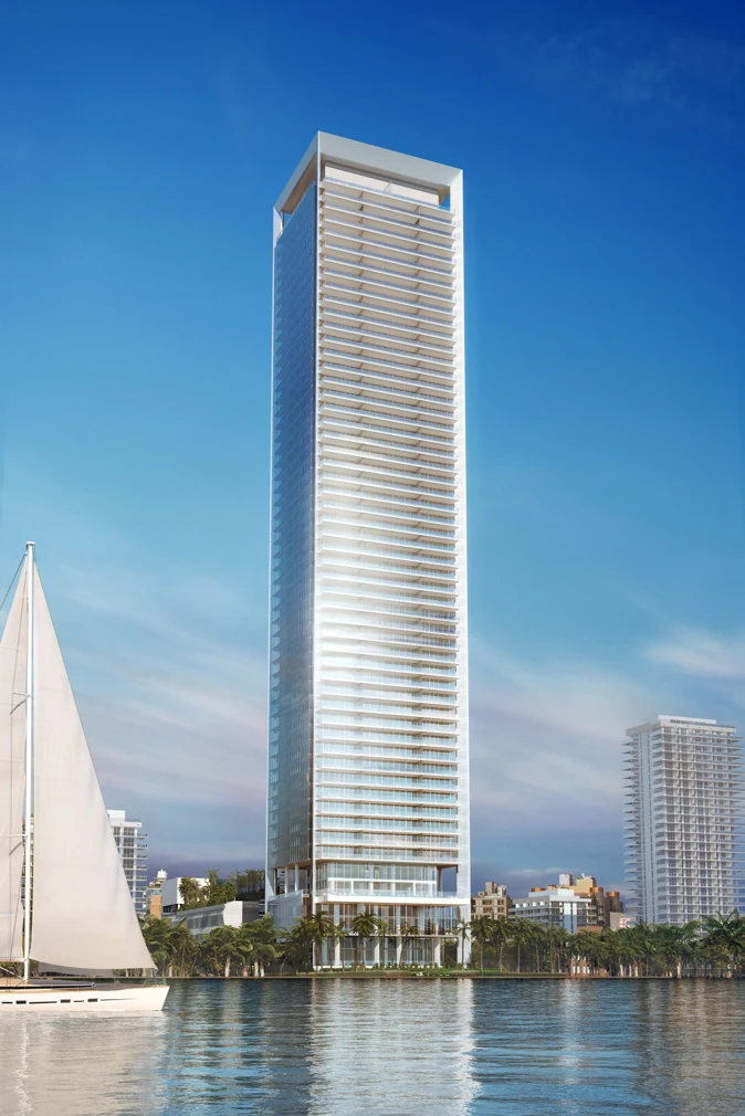 Rendering of Missoni Baia, a slender white residential tower on Biscayne Bay
