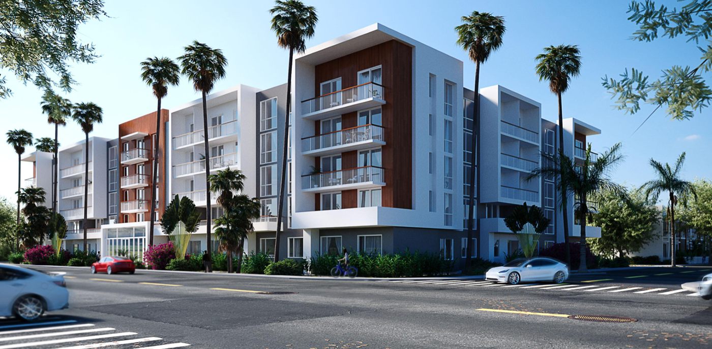 Rendering of Water Park Villas, a five-story white apartment building with wood-clad bays and palm trees at a street corner